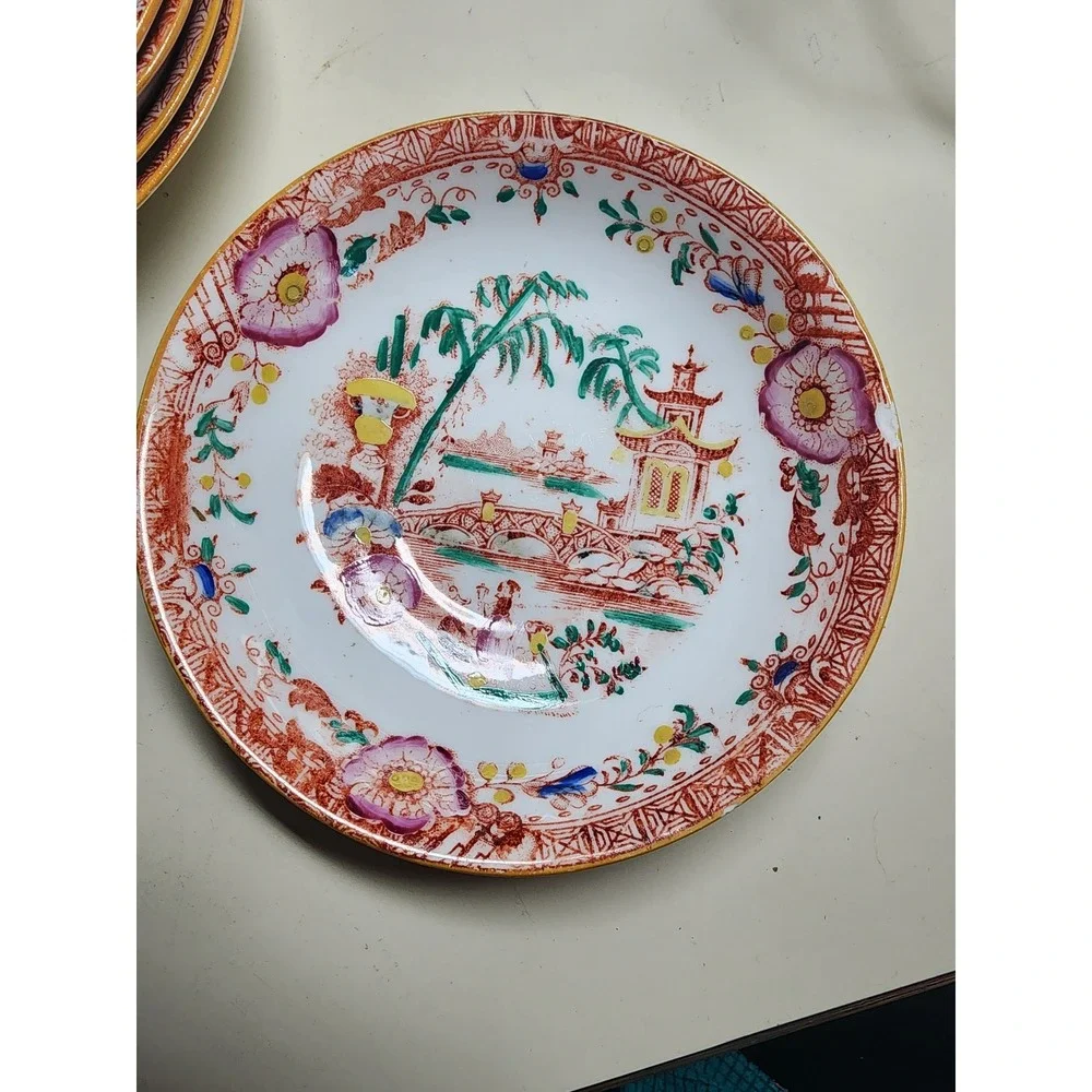 Set of 5 Chinoiserie Pagoda Bridge Small Shallow‎ Bowls Saucers Gold Rim 5.25